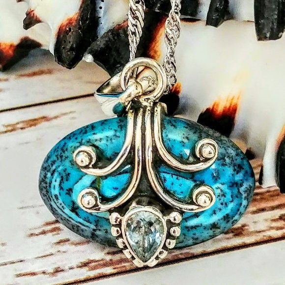 The Girl With Kaleidoscope Eyes Jewelry - Artisan Dendritic Opal & Aquamarine Pendent